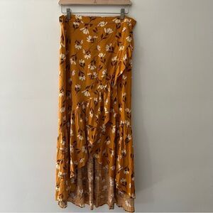 Tiered Wrap Skirt Maxi Floral Ruffle  Gold Size Large Cottage Boho Gypsy Peasant